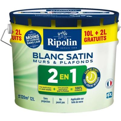 Peinture Murs et Plafonds 2 en 1 Blanc Satin Ripolin 10L + 2L gratuits : l'offre parfaite !