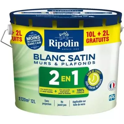 Peinture Murs et Plafonds 2 en 1 Blanc Satin Ripolin 10L + 2L gratuits : l'offre parfaite !