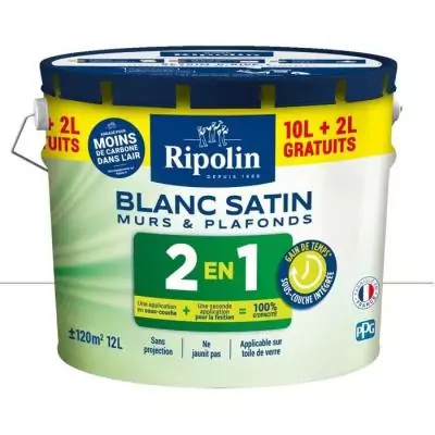 Peinture Murs et Plafonds 2 en 1 Blanc Satin Ripolin 10L + 2L gratuits : l'offre parfaite ! Peinture Murs et Plafonds 2 en 1 Blanc Satin Ripolin 10L + 2L gratuits : l'offre parfaite !