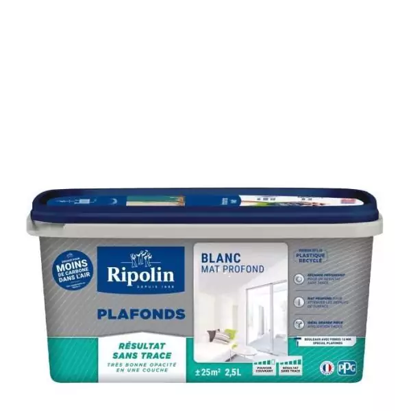 Peinture plafond - RIPOLIN - Xpro3 - Blanc mat - 2,5 l - Rendement 25 m²