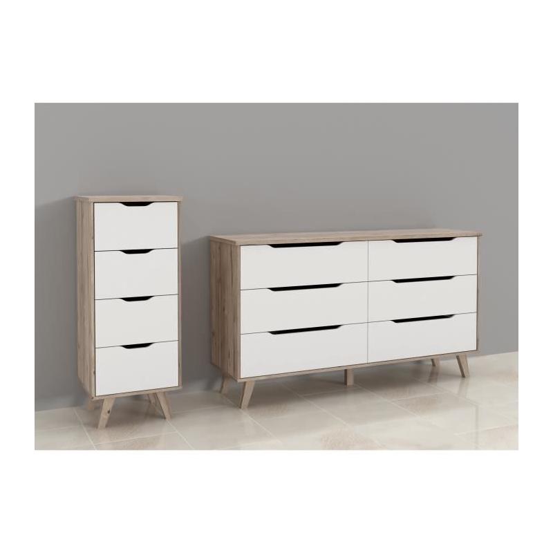 Chiffonnier 4 tiroirs - Décor chêne et blanc - Style contemporain