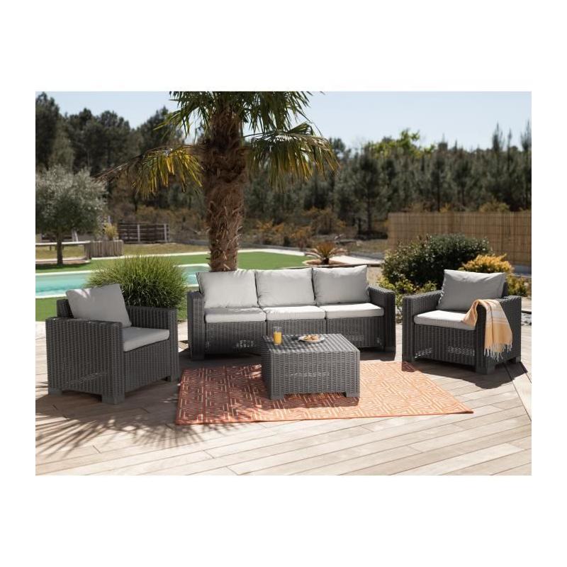 Ensemble salon de jardin résine tressée imitation rotin - 5 personnes - California Beige