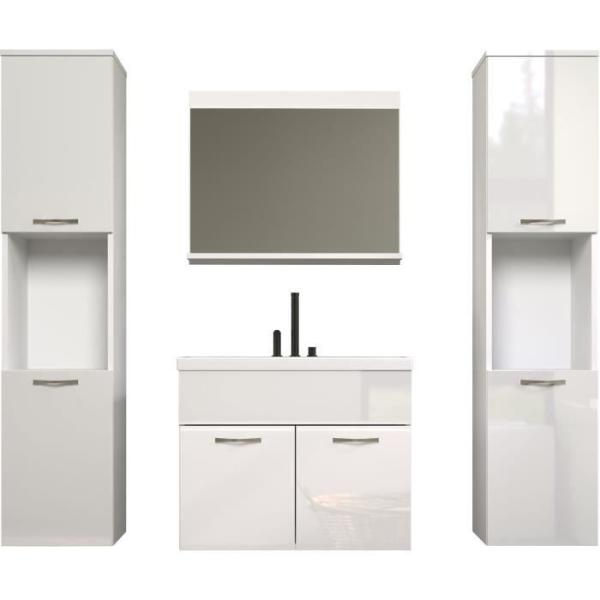 Salle de bain complete - Blanc brillant - 2 colonnes a suspendre + Meuble vasque + miroir - HAVEN