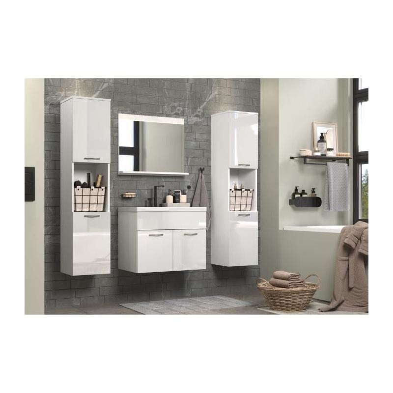 Ensemble salle de bain blanc brillant - 2 colonnes + meuble vasque + miroir