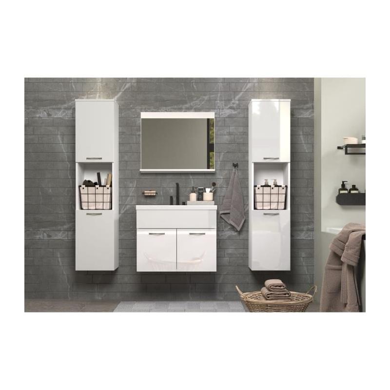Ensemble salle de bain blanc brillant - 2 colonnes + meuble vasque + miroir