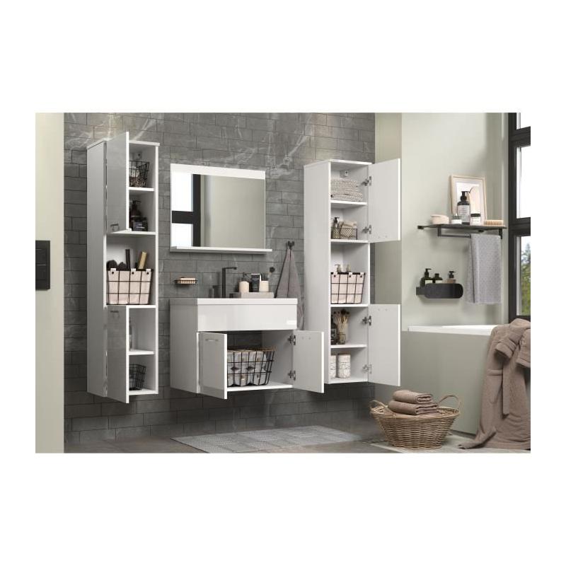 Ensemble salle de bain blanc brillant - 2 colonnes + meuble vasque + miroir