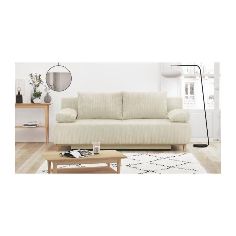 Banquette convertible 3 places MIKA - Velours Beige - Coffre de rangement