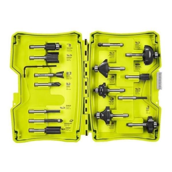 RYOBI - Coffret 15 fraises panachées queue diam. 6 mm + clé pour défonceuses R18TR-0 / R18TR-0 / RRT1600 / ERT1400RV - RAKRBS