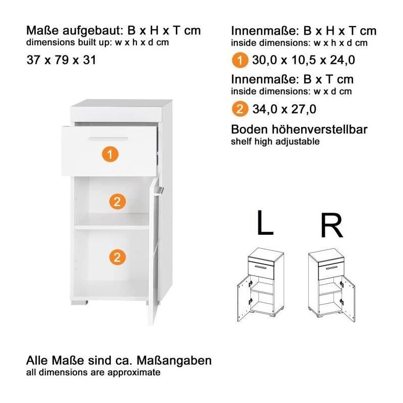 Meuble bas salle de bain blanc L - H - P : 37 - 79 - 31 cm