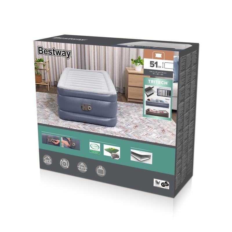 Bestway Matelas gonflable Tritech 1 place avec pompe électrique intégrée et revêtement antimicrobien 1,91 m x 97 cm x 51 cm