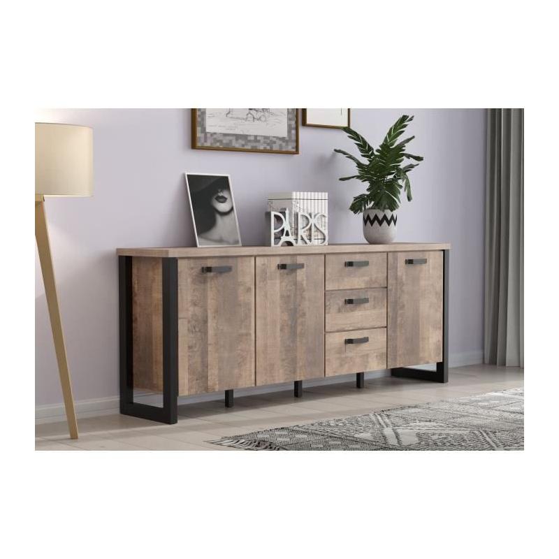 Buffet EMILE: style chic en mélamine chêne brun et noir mat