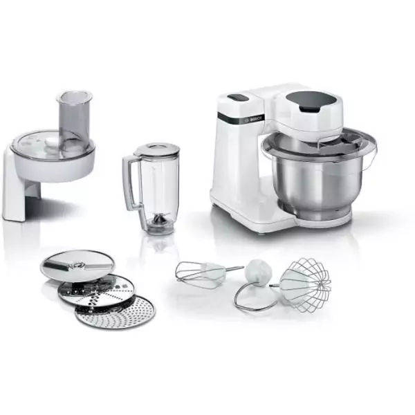 Robot multifonction compact - BOSCH MUMS2EW20 - Bol inox - 3 disques - blender 1,25L - Kit pâtisserie inclus - blanc