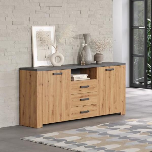 Buffet FOLLOW - Mélamine chene artisan et gris ardoise - 2 Portes + 3 Tiroirs - L180 x P40 x H83 cm - TRENDTEAM