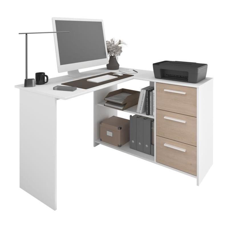 Bureau d'angle 3 tiroirs ESSENTIEL Blanc/Chene - PARISOT
