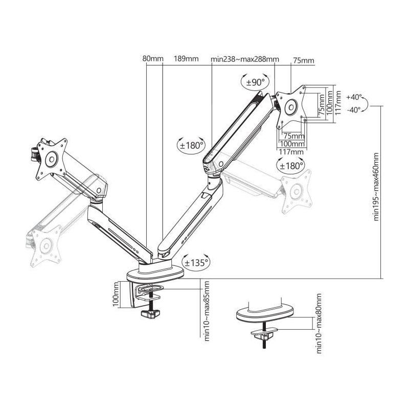 Bras articulés double OPLITE MT10 Noir - Ergonomique et réglable