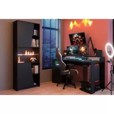 Bureau gaming LED noir - L152 x P61,5 x H86,7 cm - Grande zone de jeu