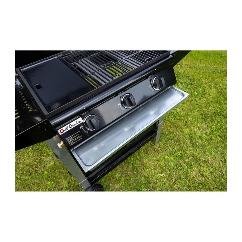 Barbecue Gaz Mixte 3 Brûleurs + Plancha sur Chariot - Fonte Émaillée