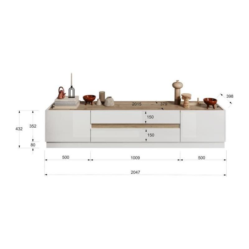 Meuble TV FIRENZE: Design Blanc laqué & Chene Cadiz