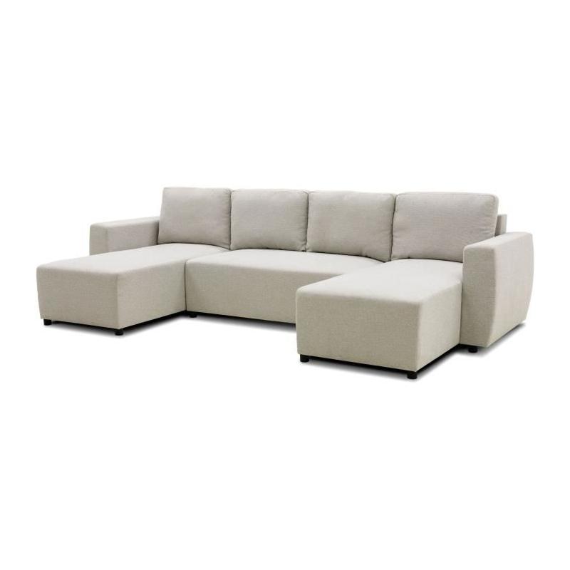 Canapé d'angle convertible panoramique PHARELL beige - 5/6 places, coffre de rangement