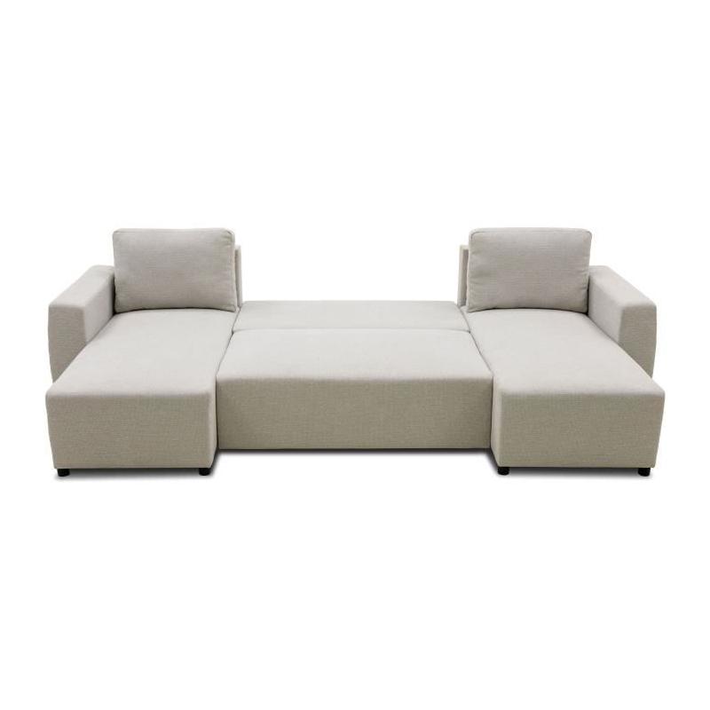 Canapé d'angle convertible panoramique PHARELL beige - 5/6 places, coffre de rangement