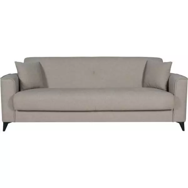 Canapé convertible 3 places - BERGAMO - Tissu beige - 2 coussins - coffre de rangement - 230 x 85 x 89 cm