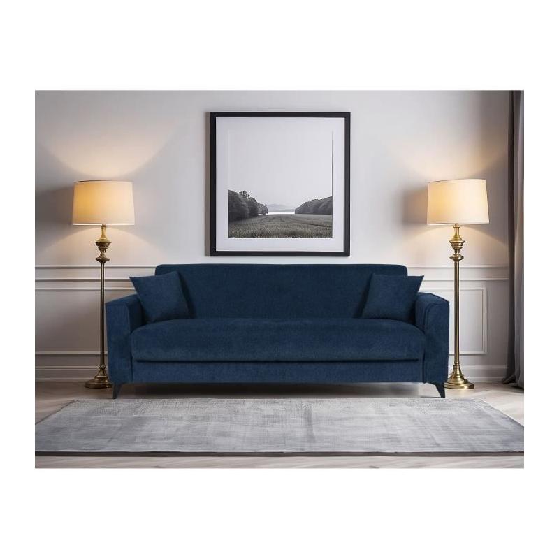 Canapé convertible 3 places BERGAMO bleu foncé - 2 coussins - coffre de rangement