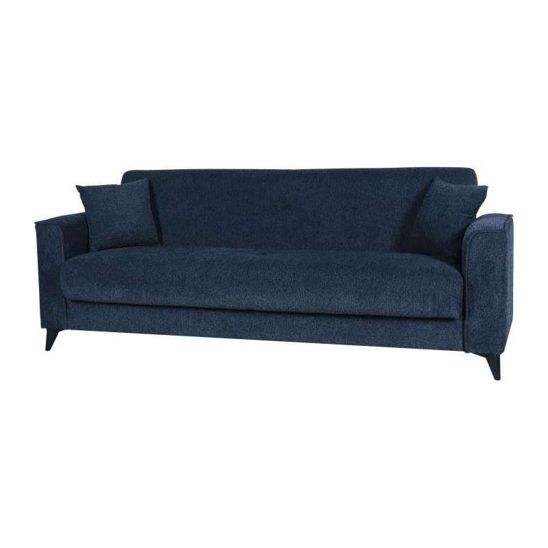 Canapé convertible 3 places BERGAMO bleu foncé - 2 coussins - coffre de rangement