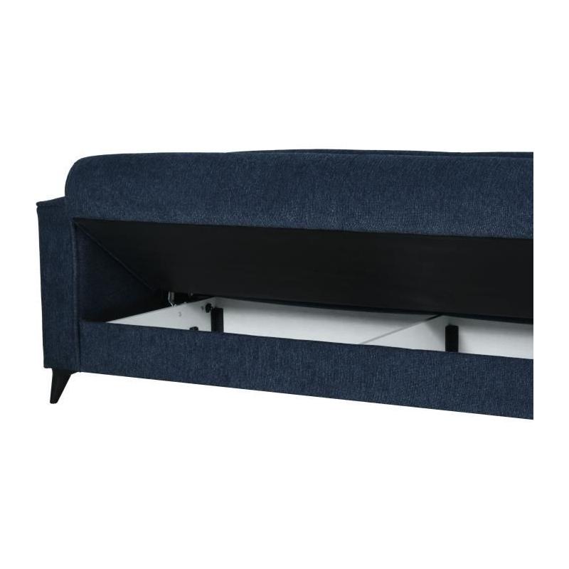 Canapé convertible 3 places BERGAMO bleu foncé - 2 coussins - coffre de rangement