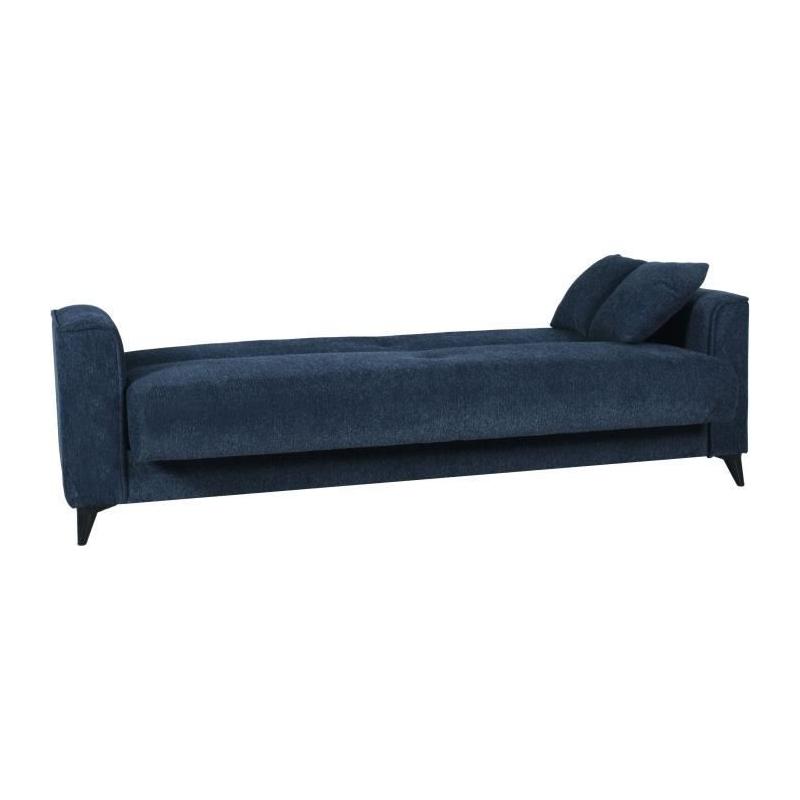 Canapé convertible 3 places BERGAMO bleu foncé - 2 coussins - coffre de rangement