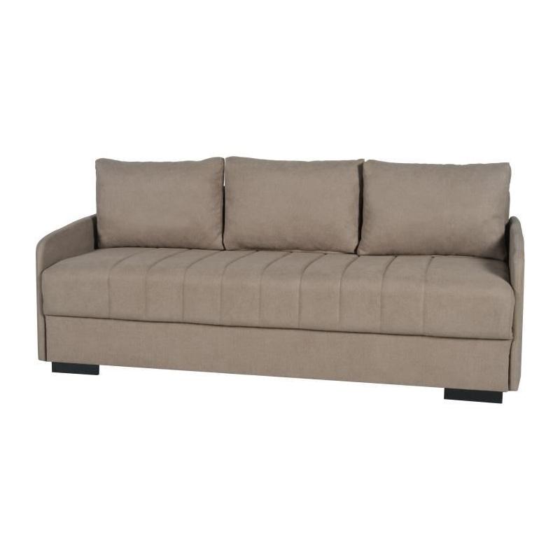Canapé convertible 3 places BETTA - Tissu beige - Avec coffre de rangement