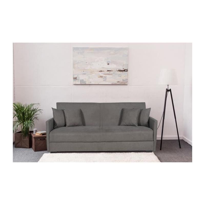 Canapé convertible 3 places BIANCA - Tissu taupe - Coffre de rangement