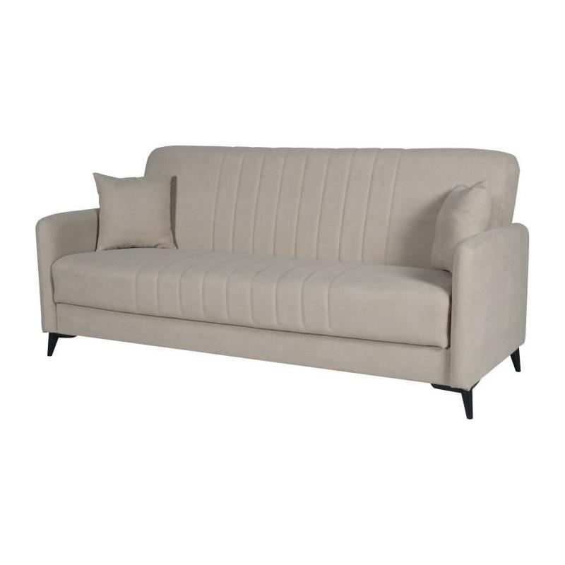 Canapé convertible 3 places ENZO beige - 2 coussins - Coffre rangement