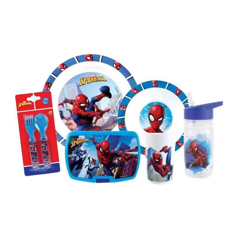Lot vaisselle Spiderman - Assiette, verre, couverts, gourde et boite goûter