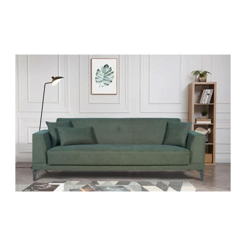 Canapé convertible 3 places HENRY - Tissu vert foncé - 3 coussins