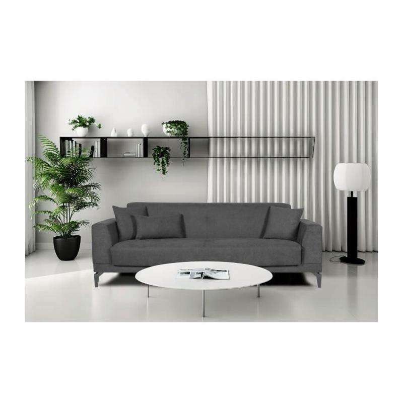 Canapé convertible 3 places HENRY - Tissu gris clair - Design moderne