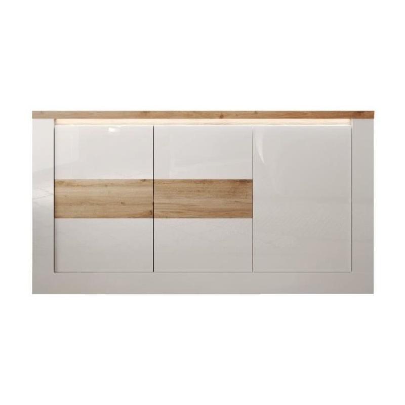 Buffet élégant IMOLA Blanc laqué/Chêne Clair LED - 160 x 43 x 88 cm
