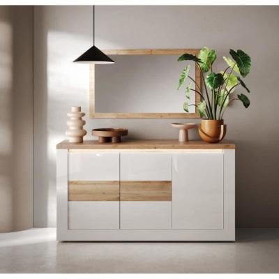 Buffet élégant IMOLA Blanc laqué/Chêne Clair LED - 160 x 43 x 88 cm