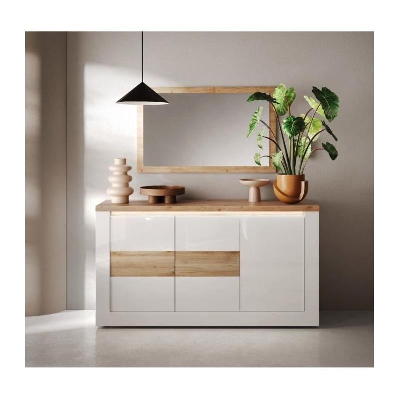Buffet élégant IMOLA Blanc laqué/Chêne Clair LED - 160 x 43 x 88 cm