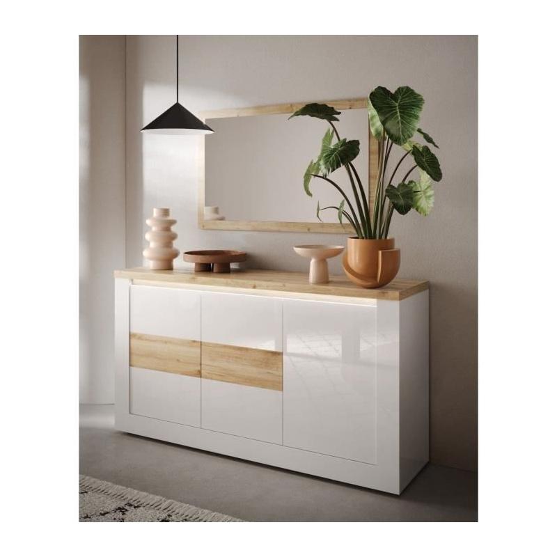 Buffet élégant IMOLA Blanc laqué/Chêne Clair LED - 160 x 43 x 88 cm