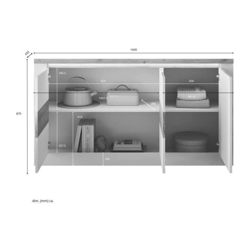 Buffet élégant IMOLA Blanc laqué/Chêne Clair LED - 160 x 43 x 88 cm