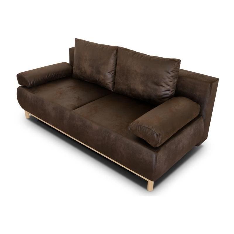 Canapé convertible 3 places MIKA - Marron foncé vintage - Coffre