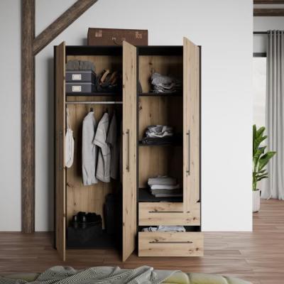 Armoire de chambre élégante - Chene Artisan / Noir - 3 portes