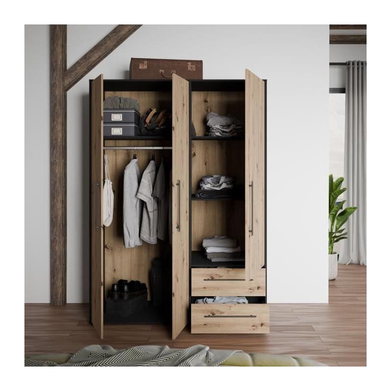 Armoire de chambre élégante - Chene Artisan / Noir - 3 portes