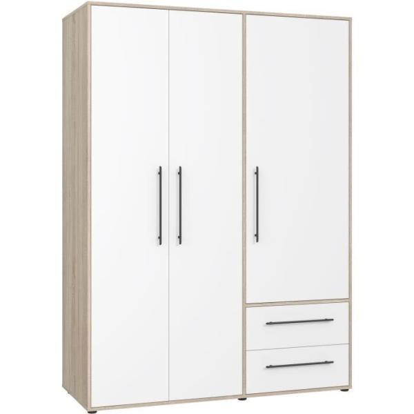Armoire de chambre - MOKKARIS - Chene Sonoma / Blanc mat - 3 portes - 144,4 x 58,8 x 200,1 cm