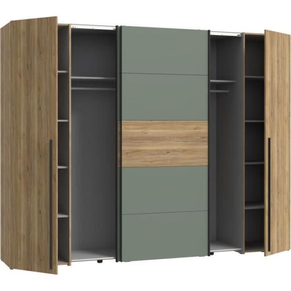 Armoire - Décor Chene et vert Sauge - 2 portes battantes + 2 portes coulissantes - L270 x P61 x H210cm - NARAGO