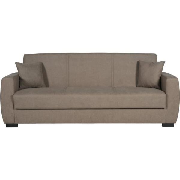 Canapé convertible 3 places - OSCAR - Tissu beige - 2 coussins - Coffre de rangement - 226 x 84 x 92 cm