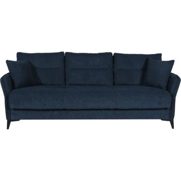 Canapé convertible 3 places - OTTOWA - Tissu bleu foncé - 2 coussins - Coffre de rangement - 217 x 92 x 85 cm