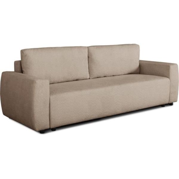 Canapé convertible - 3 places - PHARELL - Tissu Bouclette taupe - Coffre - 231 x 91 x 84 cm