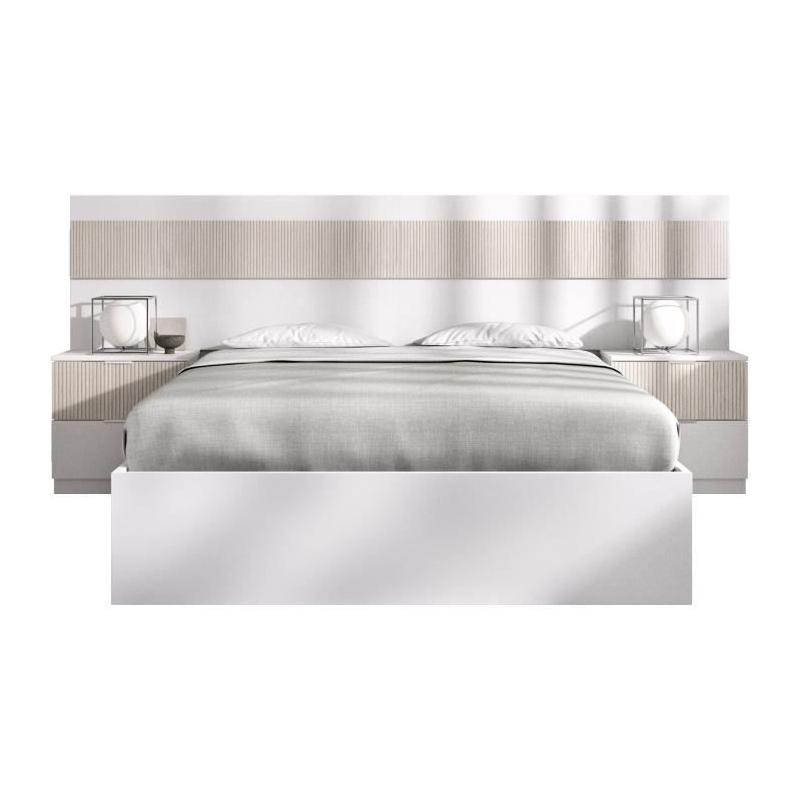 Lit adulte avec chevets intégrés BIANCA - 160 x 200 cm - Blanc/Bois