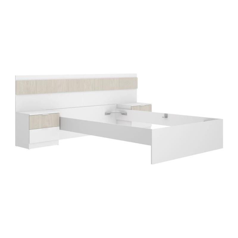 Lit adulte avec chevets intégrés BIANCA - 160 x 200 cm - Blanc/Bois